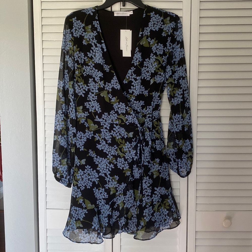 ALL IN FAVOR black & blue floral wrap dresss